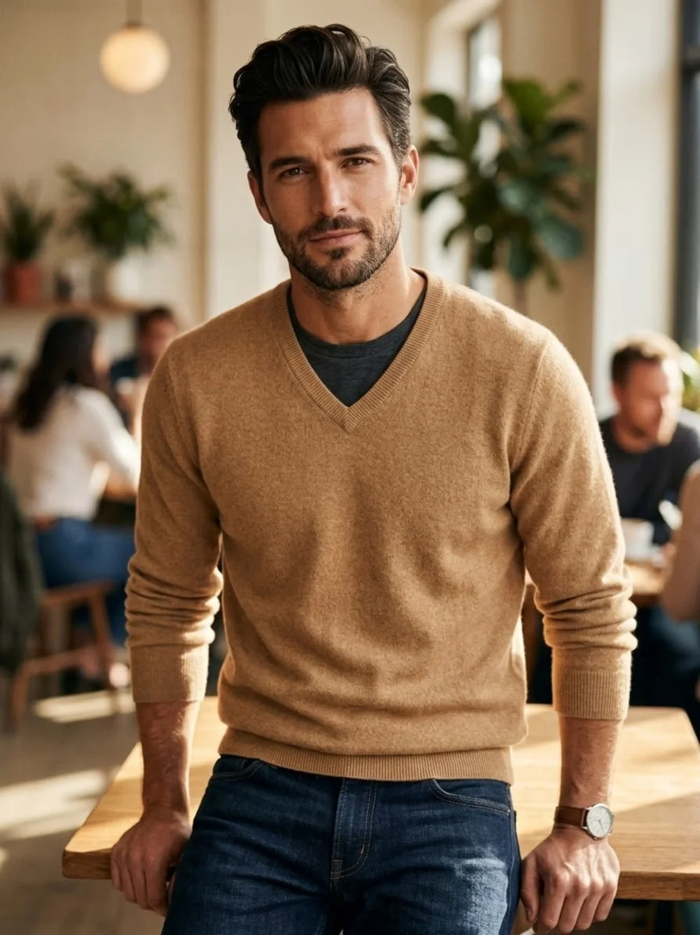 J Crew 100% Cashmere Sweater Mens Small S Italian Tan Camel V-Neck Pullover
